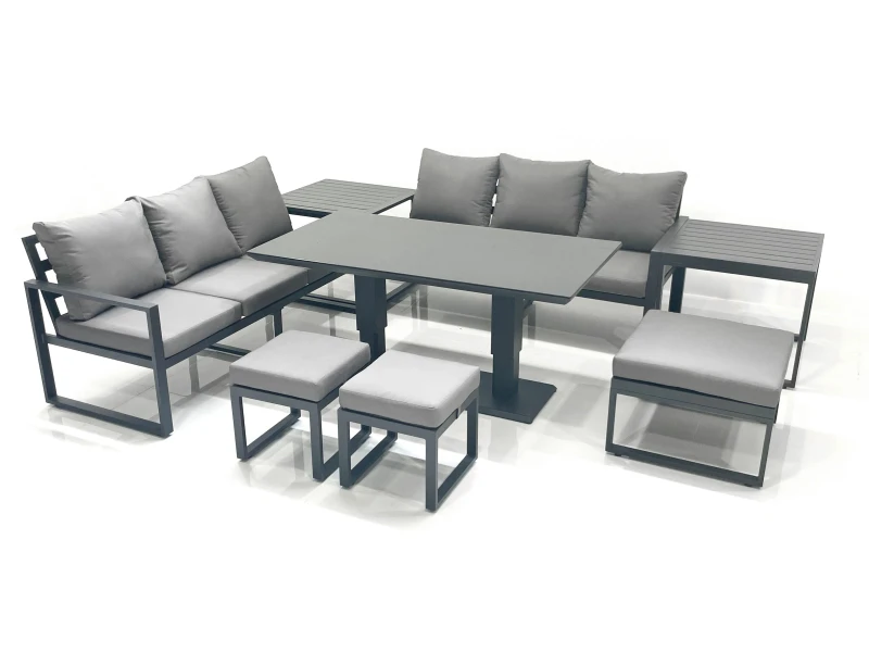 Image of Fimous 9 Seater Aluminium Outdoor Garden Furniture Set with Adjustable Rising Lifting Dining Table 3 Seater Sofa 3 Footstools 2 Side Tables Dark Grey