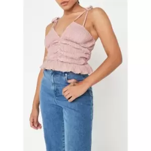 Image of Missguided Petite Crinkle Tie Shoulder Frill Crop Top - Nude