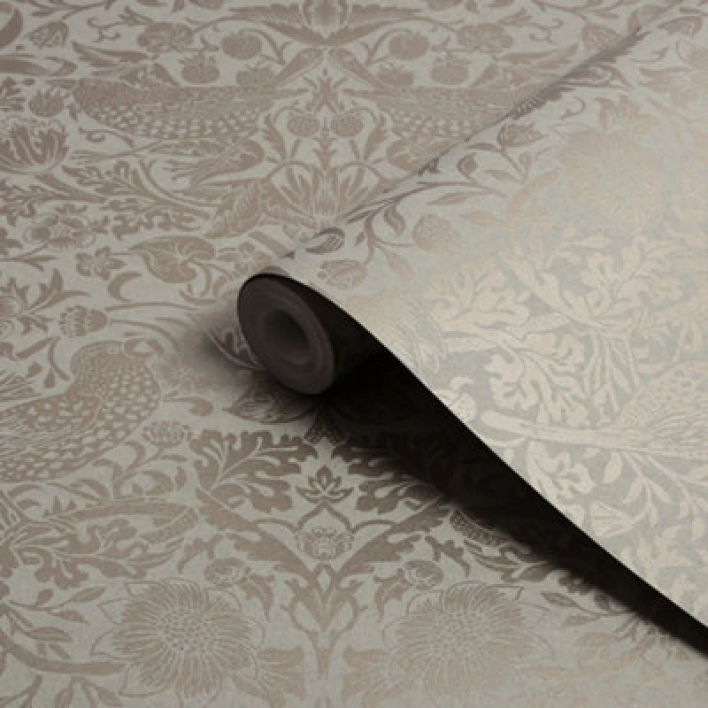 Image of William Morris Gallery Collection Fibrous Neutral Strawberry Thief Metallic Effect Smooth Wallpaper