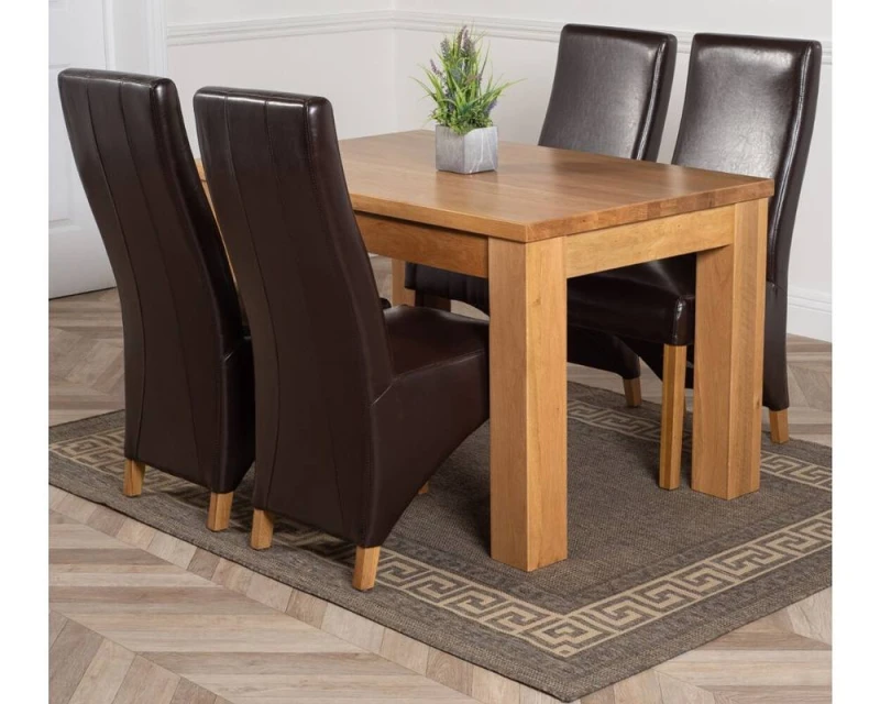 Image of Thats Furniture Dakot 127 x 82cm Oak Small Dining Table & 4 Lola Leather Chairs in Brown Size: 127 x 82cm Brown Unisex 127 x 82 cm