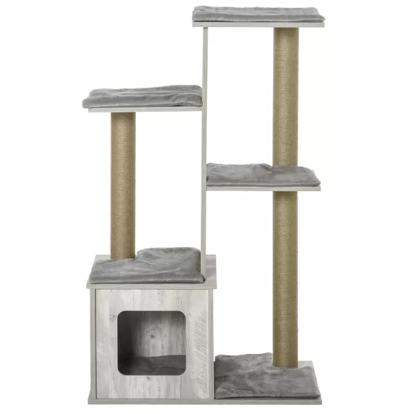 Image of PawHut 114cm Cat Tree for Indoor Large Cats Condo Jute Scratching Post Cat Tower Kitten Play House Activity Center Furniture Grey