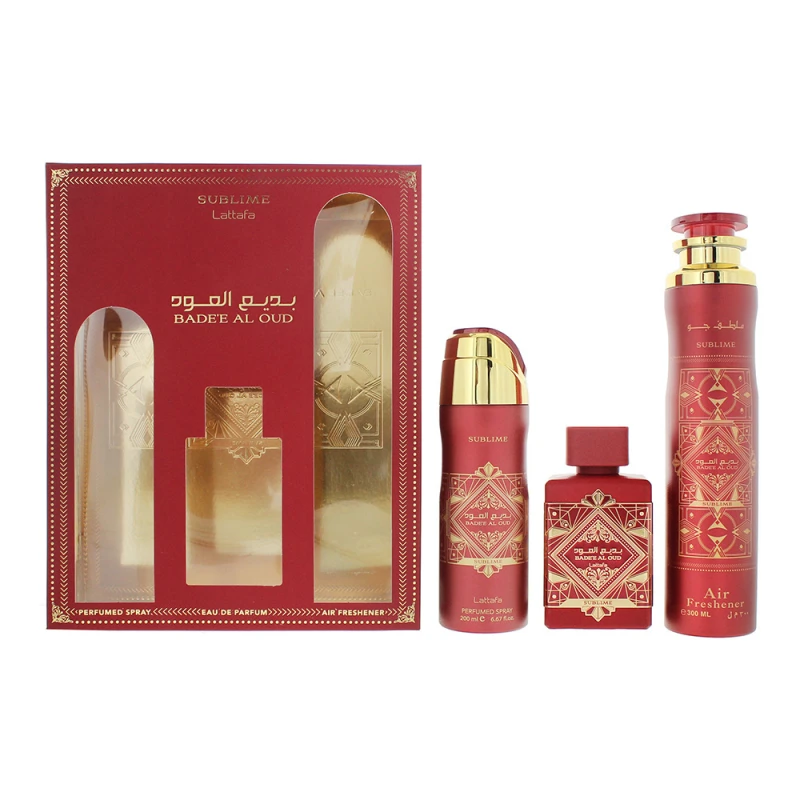 Image of Lattafa Bade'e Al Oud Sublime 3 Piece Gift Set: Eau de Parfum 100ml - Air Freshener 300ml - Perfumed Body Spray 200ml