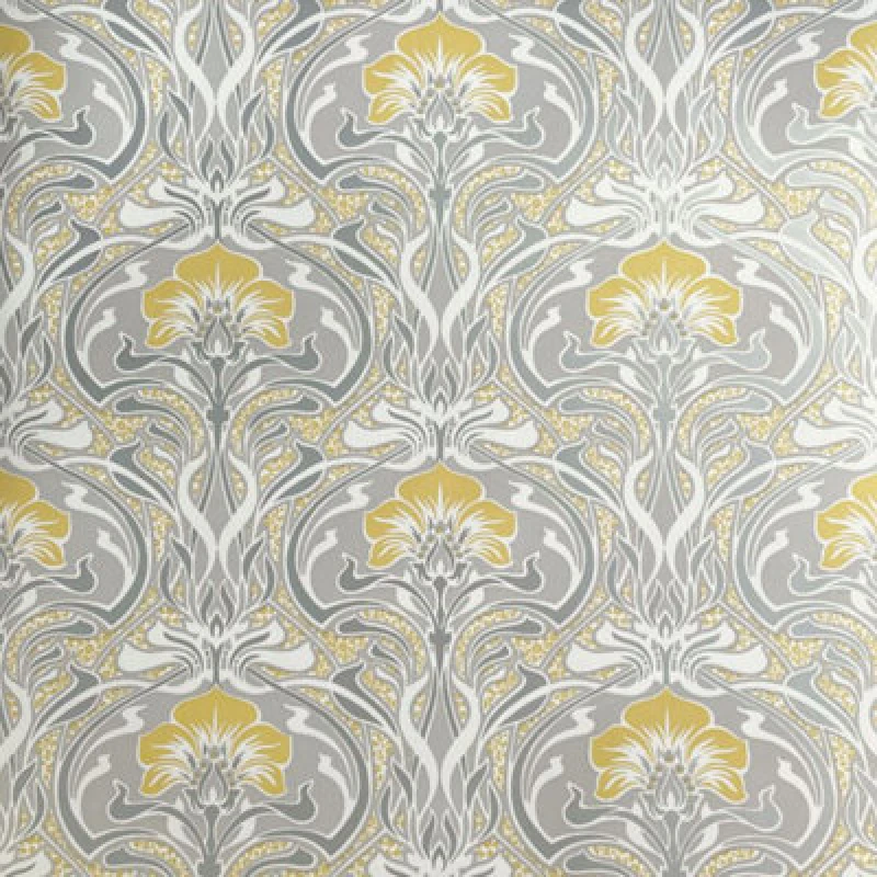Image of Crown Flora Nouveau Floral Russet Yellow / Grey Spongeable Wallpaper M1195