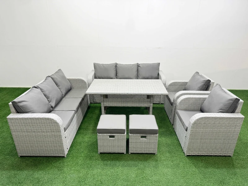Image of Fimous PE Rattan High Back Lounge Sofa Set Patio Rectangular Dining Table & Chairs Set with 3 Seater Sofa Reclining Chair Stools Light Grey Light Grey