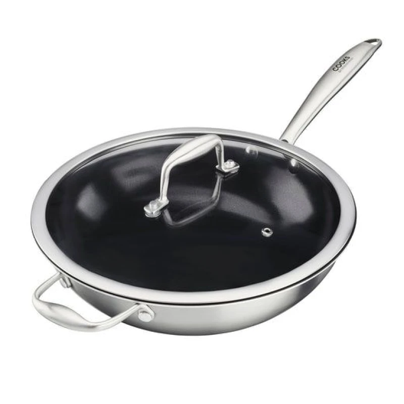 Image of Cooks Professional Tri-Ply Wok Pan with Lid & Non-Stick Coating for All Hobs - 28cm in Silver Size: 1 Pack Silver Unisex 1 Pack