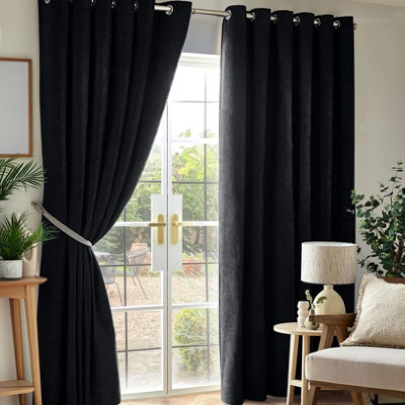 Image of Luxury Living Chenille Blackout Ring Top Eyelet Curtains 117Cm X 137Cm Black