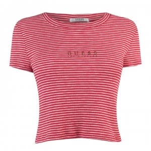 Image of Guess Cropped Stripe T Shirt Womens - RED AND WHT