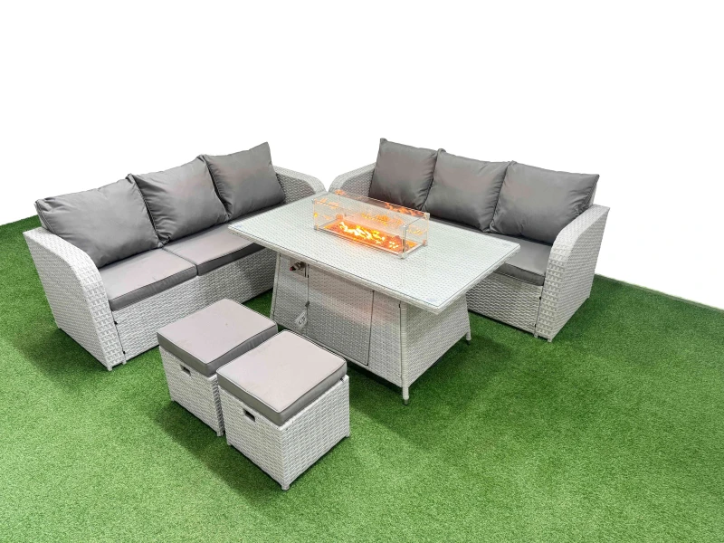 Image of Fimous Outdoor Garden Furniture Sets 8 Seater Wicker Rattan Furniture Sofa Sets with Firepit Dining Table high Back Lounge Sofa Stools Light Grey Ligh