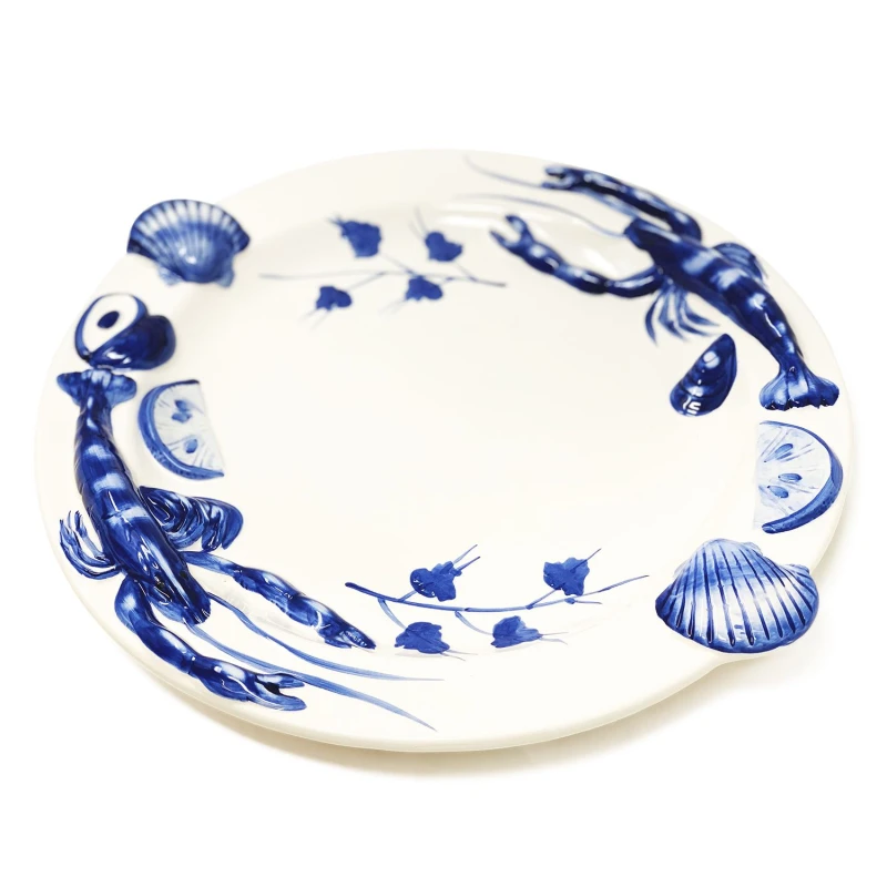 Image of Verano Spanish Ceramics Coastal Ceramics Hand Painted Kitchen Dining Table Decor Sea Shell Round Platter 33cm (D) in White White Unisex