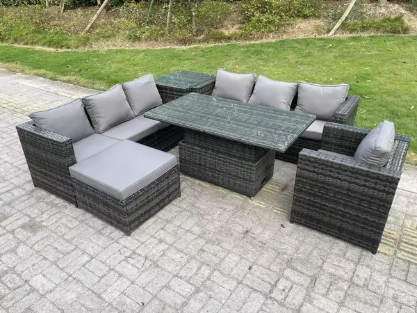 Image of Fimous 7 Seater Outdoor Dark Grey Rattan Lounge Complete Sofa Set with Adjustable Side Tables and Big Footstool