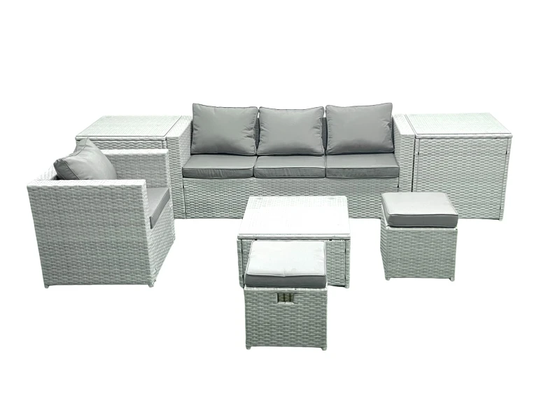 Image of Fimous Garden Outdoor Furniture Set 6 Seater Rattan Sofa Set with Big Footstool Armchair 2 Side Tables Light Grey Mixed Light Grey