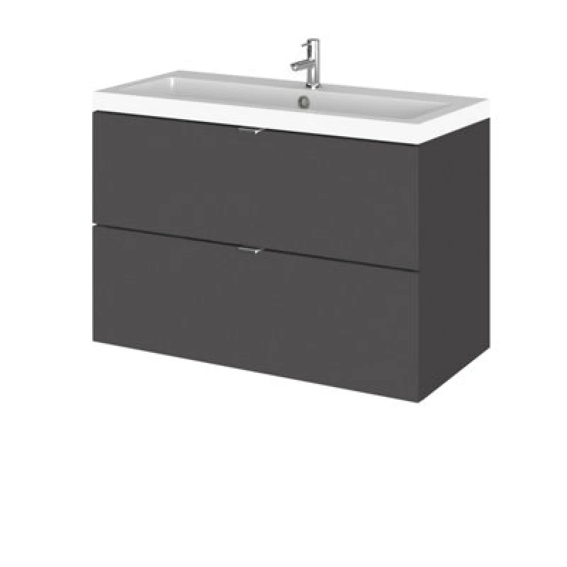 Image of Hudson Reed Fusion Wall Hung 2 Drawer Vanity Unit & Polymarble Basin, Stylish Sink Vanity Unit, Gloss Grey, 800mm