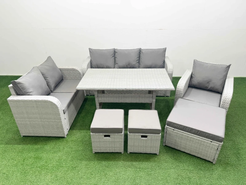 Image of Fimous Patio PE Wicker 9 Seater Outdoor Rattan Furniture Sofa Sets with Rectangular Dining Table Reclining Chair Loveseat Sofa 3 Seater Sofa Stool Lig