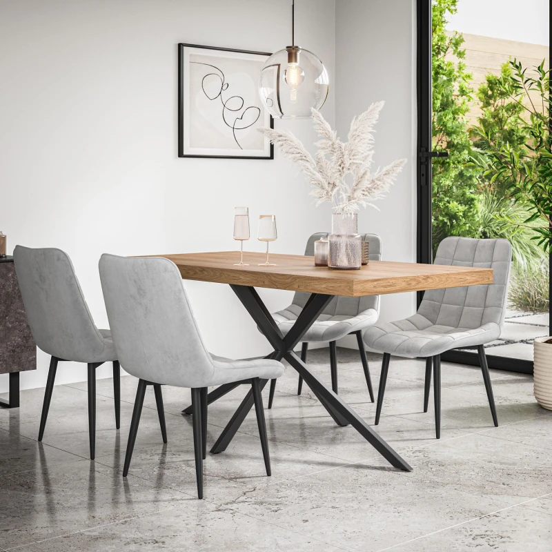 Image of More4Homes Donni Dining Table And Chairs - Oak Effect Table Top W Black Legs + Nova Velvet Dining Chair Set Of 6 (Grey)