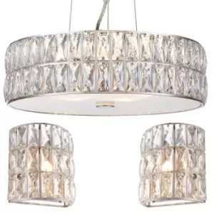 Image of 5 Bulb Ceiling Pendant & 2x Matching Flush Wall Light Chrome & Crystal Glass