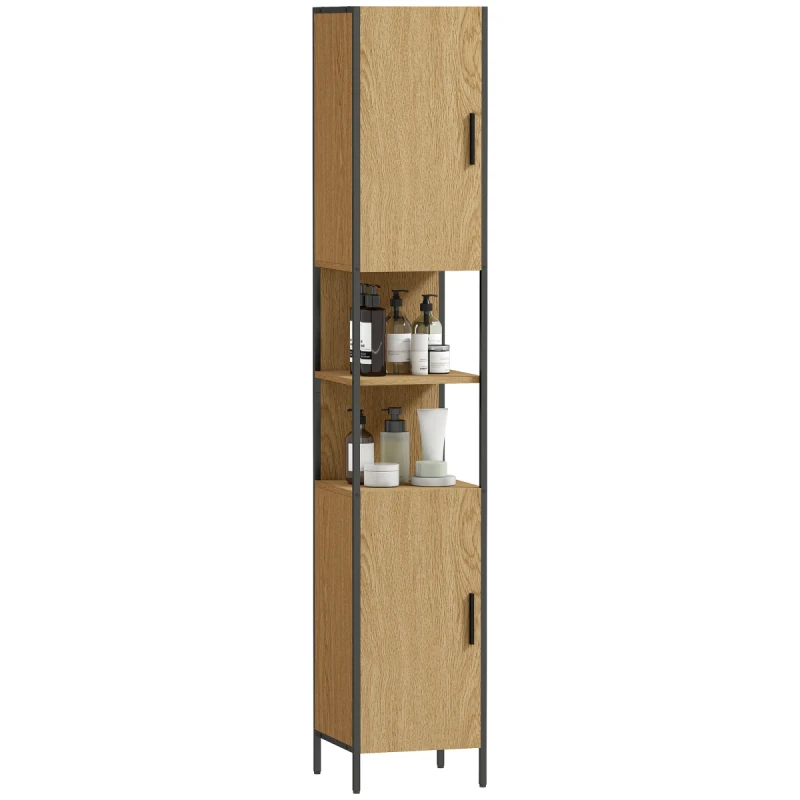 Image of HOMCOM Slim Bathroom Storage Cabinet with 2 Doors Open Compartments Natural, Brown 834-834V00ND