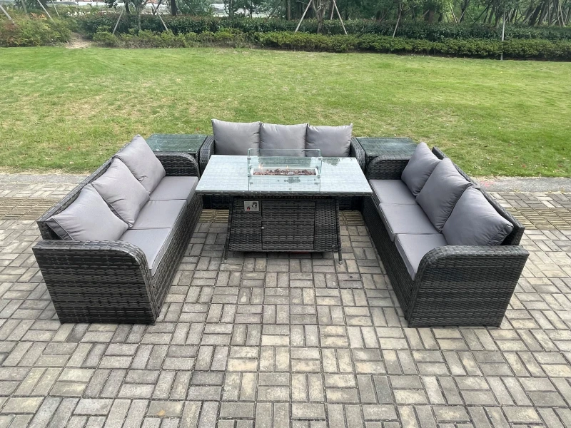 Image of Fimous Rattan Furniture Garden Dining Set Gas Fire Pit Table With 2 Side Tables Lounge Sofa Dark Grey Mixed Dark Grey
