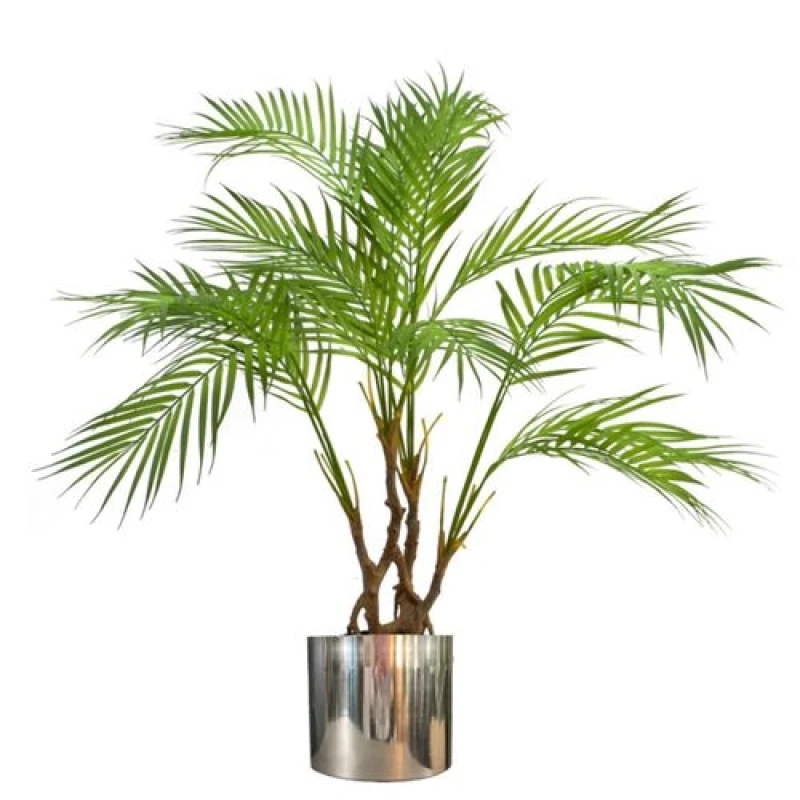 Image of Leaf Large Artificial Palm Tree Natural Areca 90cm Silver Planter 3ft Realistic Botanik Green