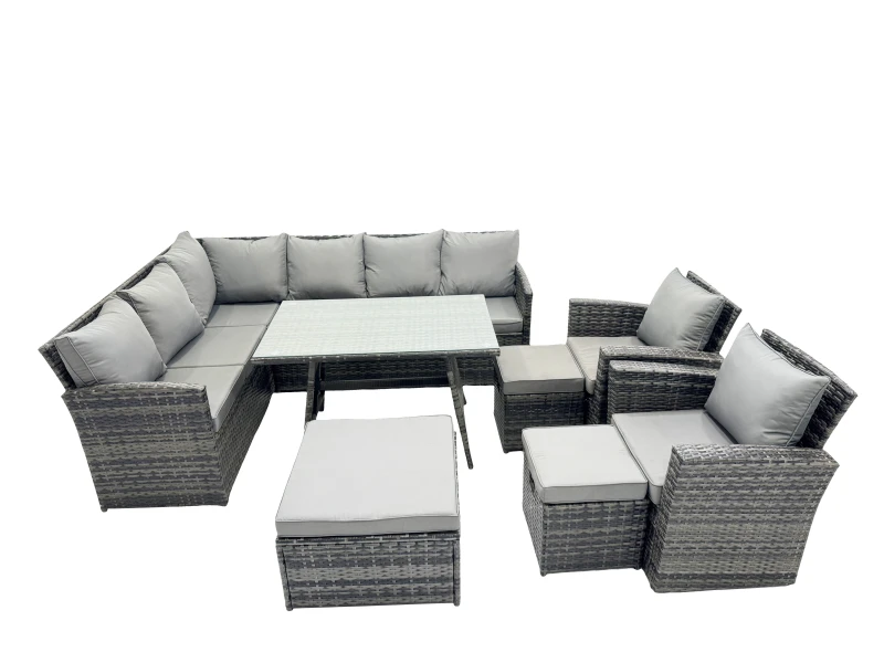 Image of Fimous 11 Seat Patio Oblong Dining Table Corner Sofa Set with 3 Stool 2 Chair in Dark Grey Dark Grey Unisex