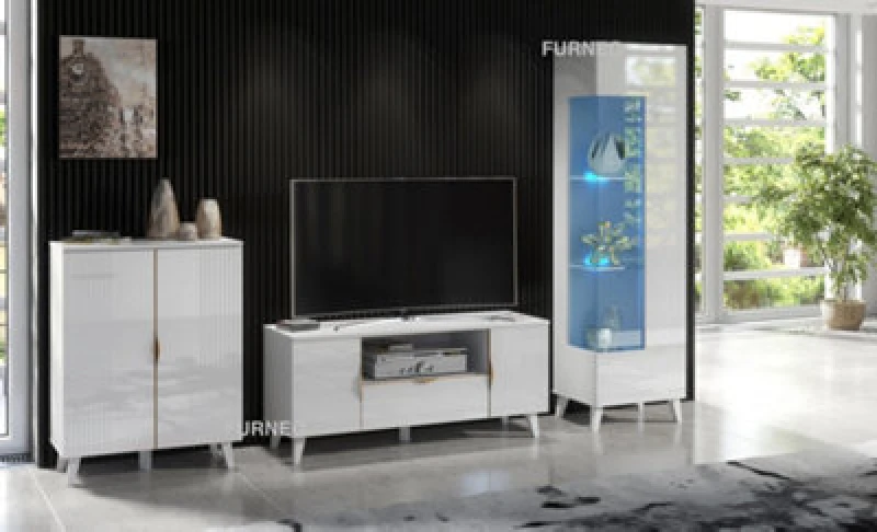 Image of Furneo High Gloss & Matt White Living Room Set TV Stand Display Cabinet Sideboard Azzurro 8/12/14 Blue LED Lights