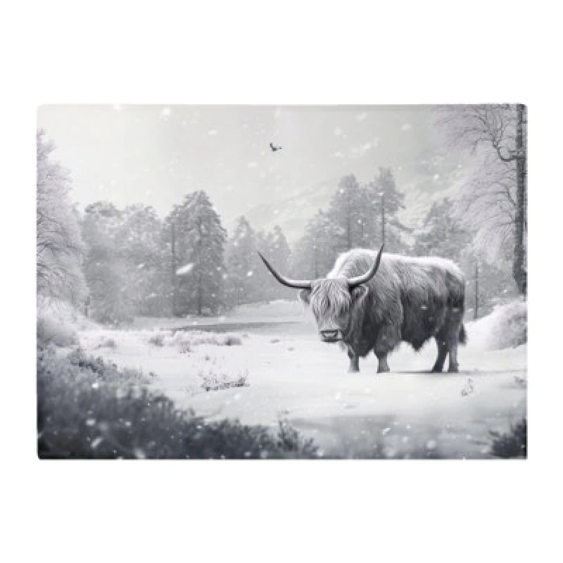 Image of Warren Reed Designer Snow Storm Highland Cow Glass Chopping Board