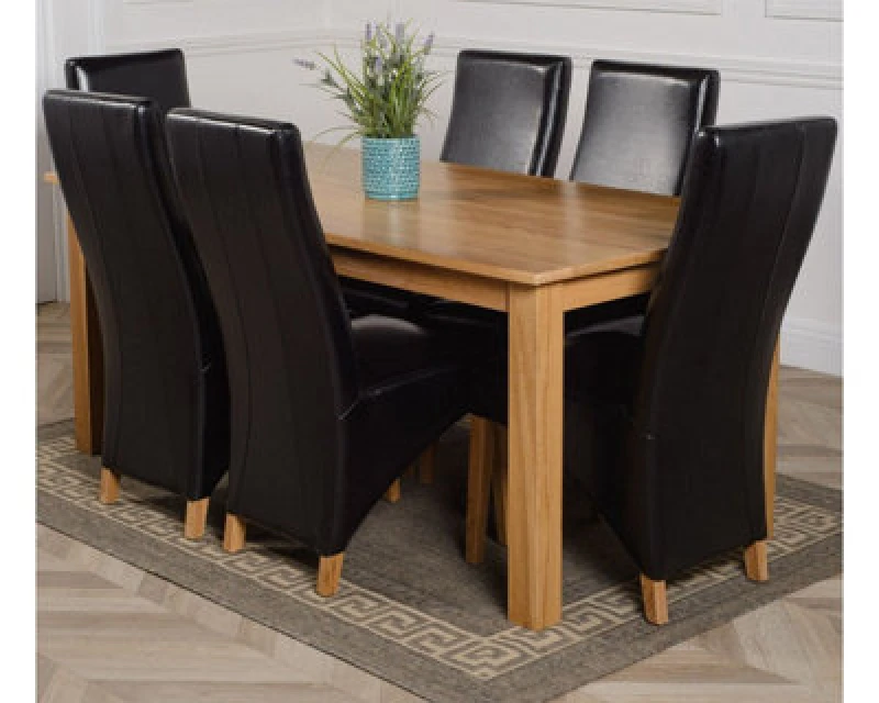 Image of Thats Furniture Oslo 180 x 90cm Large Oak Dining Table & 6 Lola Leather Chairs in Black Unisex 180 x 90 cm