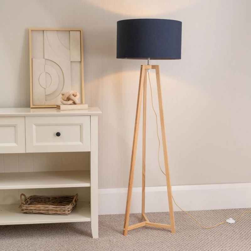 Image of ValueLights Lottie Natural Wood Tripod Floor Lamp with Fabric Drum Shade Navy