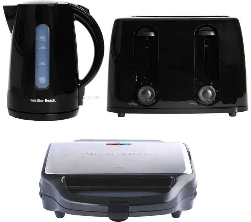 Image of HAMILTON BEACH Essentials Jug Kettle, 4-Slice Toaster & Sandwich Toaster Bundle - Black, White 5060916373402