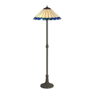 Image of 2 Light Leaf Design Floor Lamp E27 With 40cm Tiffany Shade, Blue, Crystal, Aged Antique Brass - Luminosa Lighting
