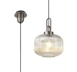 Image of 1 Light Pendant E27 30cm Pumpkin Shaped Ribbed Glass, Champagne Antique Silver, Black