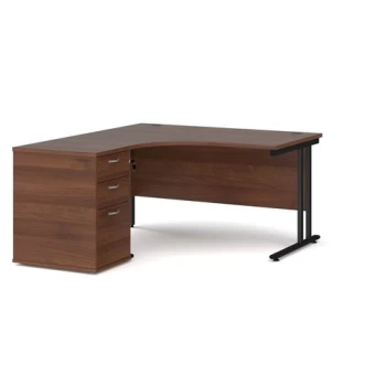 Image of Office Desk Left Hand Corner Desk 1400mm With Pedestal Walnut Top With Black Frame Maestro 25