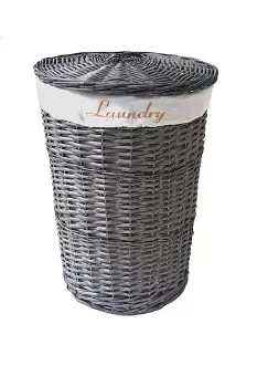 Image of Round Wicker Laundry Basket Bin Cotton Lining Lid Medium 50 x 37 cm
