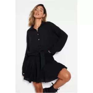 Image of I Saw It First Black Crinkle Linen Tie Front Shirt - Black