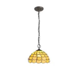 Image of 3 Light Downlighter Ceiling Pendant E27 With 30cm Tiffany Shade, Beige, Clear Crystal, Aged Antique Brass