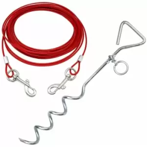 Image of Pet Dog Puppy Outdoor Tie Out Lead Leash Extension Wire Cable Metal Stake Anchor - Red - Medium