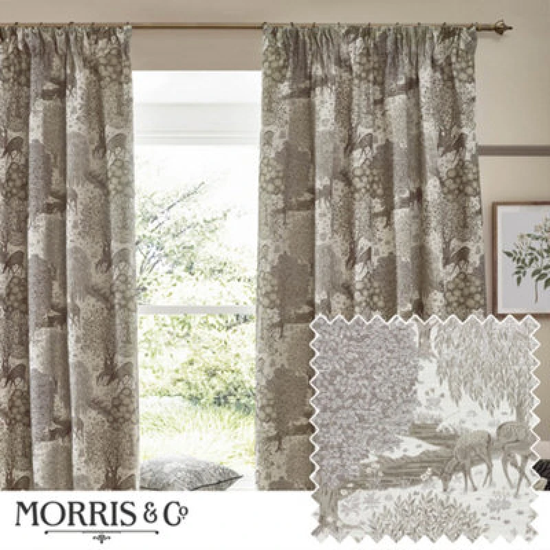 Image of Morris & Co Morris & Co Brook Woodland Jacquard Room Darkening Pencil Pleat Curtains in Beige Size: 229cm width x 229cm drop Beige 229cm width x 229
