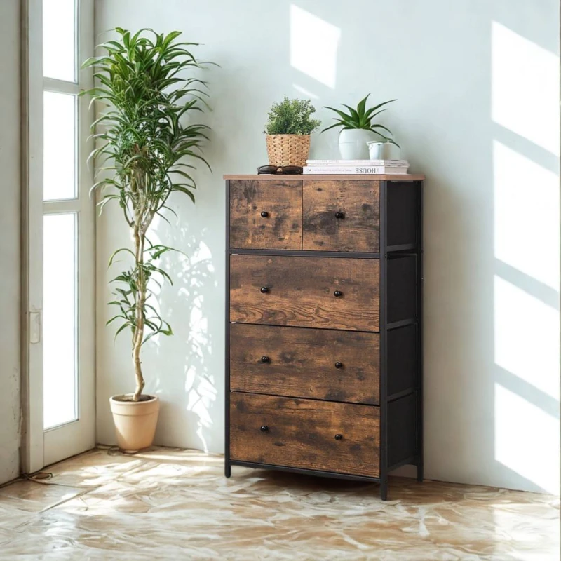 Image of Pirlo Plush Industrial Rustic Brown Chest With 5 Fabric Drawers Brown Unisex