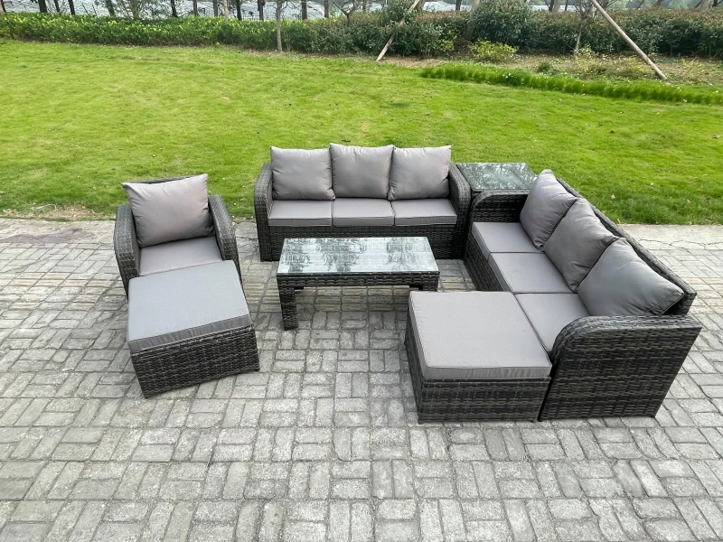 Image of Fimous Outdoor Lounge Sofa Set 9 Seater Rattan Garden Furniture Set with Rectangular Coffee Table 2 Big Footstool 3 Seater Sofa Side Table Dark Grey