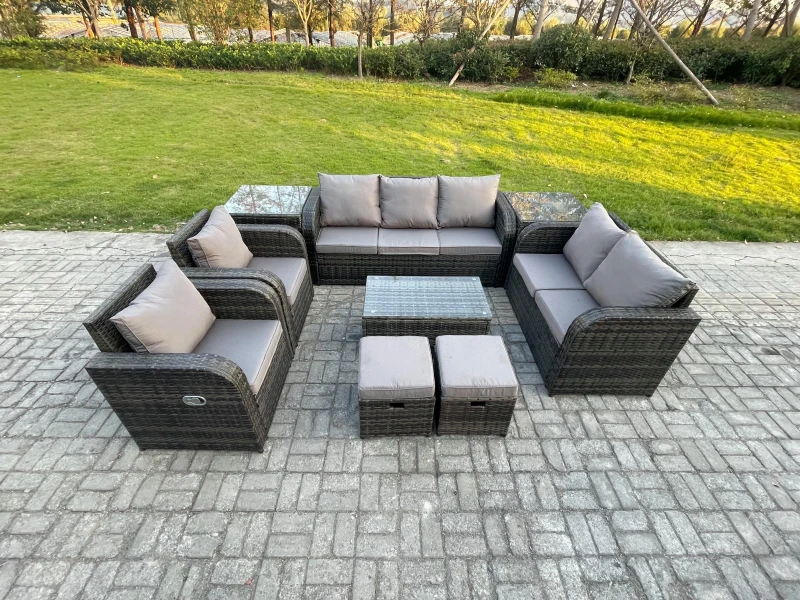 Image of Fimous Patio Garden Furniture Sets Wicker 9 Seater Outdoor Rattan Furniture Sofa Sets with Rectangular Coffee Table Loveseat Sofa Dark Grey