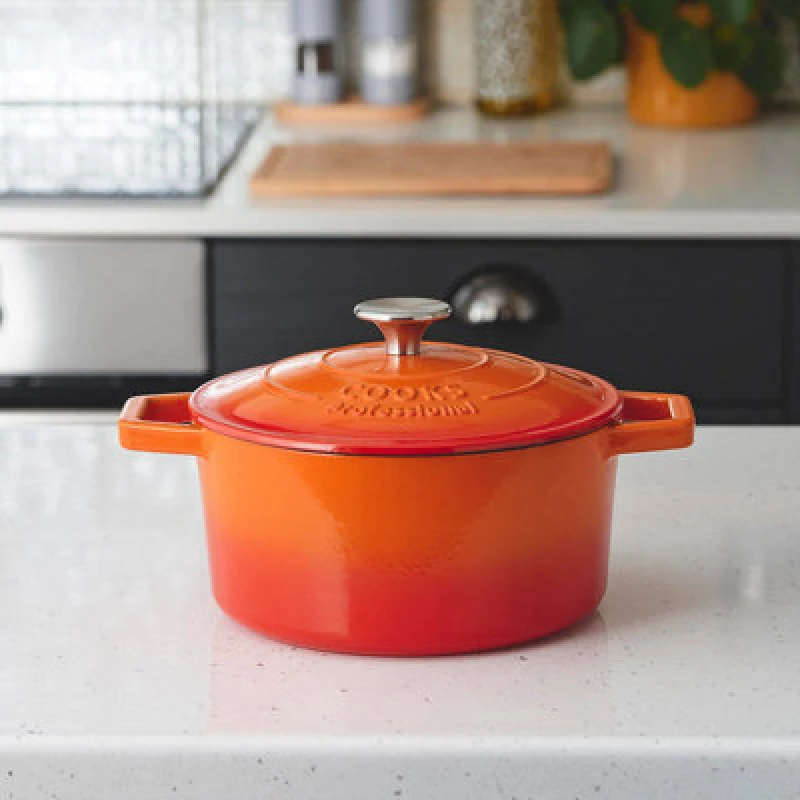Image of Cooks Professional Cast Iron Casserole Dish 20Cm - 2.8L Colourful Cooking Pan With Lid & Handles - Suitable For All Hobs - Orange