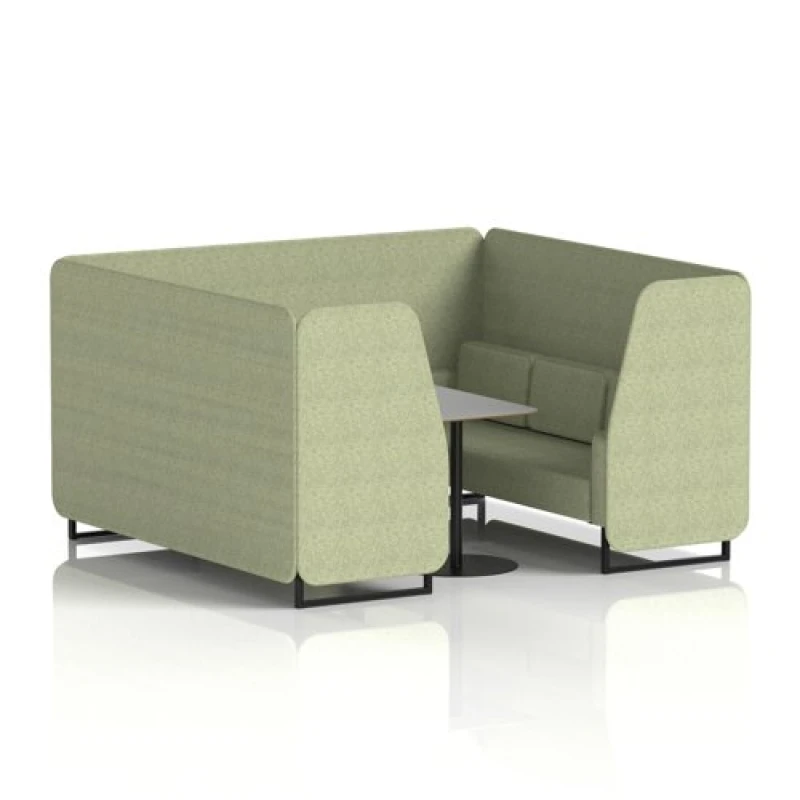 Image of Brixworth 6 Seater Office Booth with Front Panel - Black Legs and Grey Table with Black Leg in Rivet Fabric - Burnish Panels and Sofa