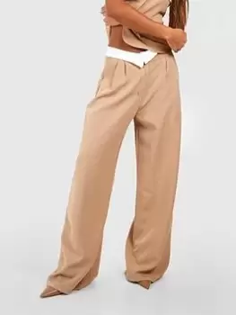 Image of Boohoo Contrast Waistband Tailored Wide Leg Trousers - Camel, Brown, Size 16, Women