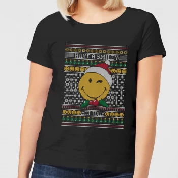 Image of Smiley World Have A Smiley Holiday Womens Christmas T-Shirt - Black