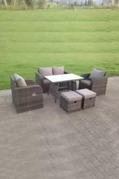 Image of Fimous 4 Seater Outdoor Dark Grey Rattan Lounge Complete Sofa Set with Adjustable Chair, Oblong Dining Table, and 2 Stools