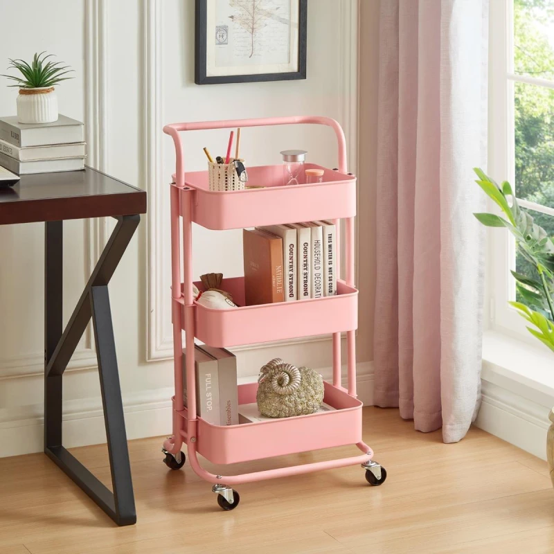 Image of House of Home 3 Tier Storage Cart On Wheels Home Kitchen Office Bath-Bedroom Organiser Pink Pink