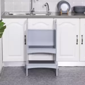 Image of Kids Wooden Two Step Stool Mini Ladder Non Slip Panels Grey