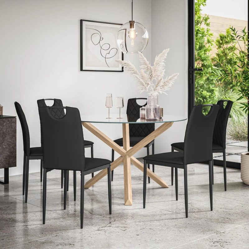 Image of More4Homes Malvern Round Dining Table And Chairs - Clear Glass Table Top W Solid Oak Legs + Monza Faux Leather Dining Chair Set Of 6 (Black)