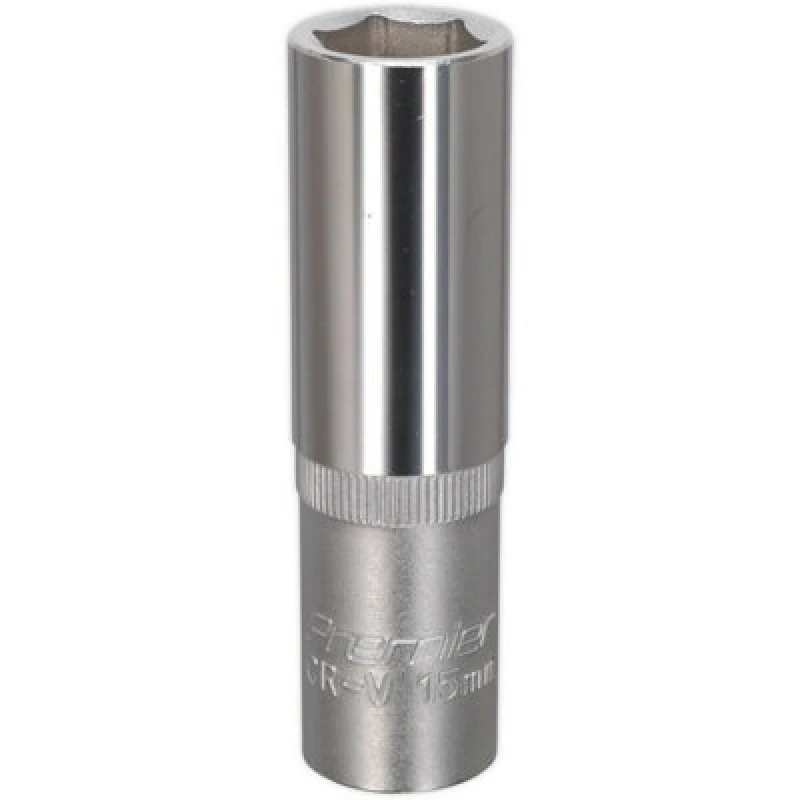 Image of Loops 15mm Steel Deep Drive Socket - 1/2" Square Drive - Chrome Vanadium Socket Metallics