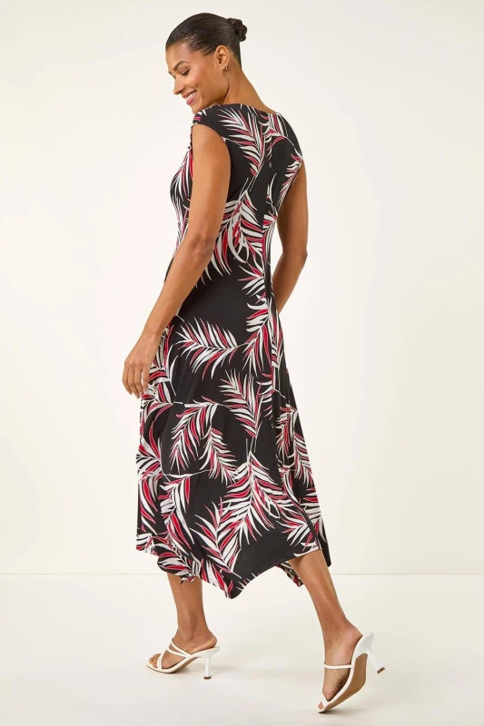Image of Roman Womens Leaf Print Stretch Maxi Dress in Black Size: 14 Black Female 14