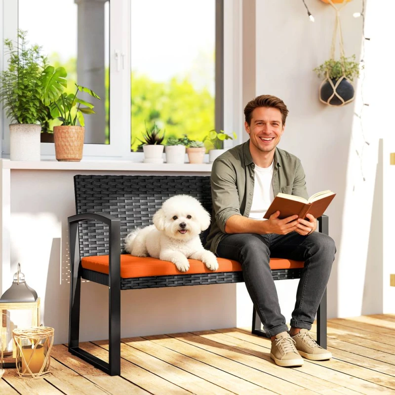 Image of OUTSUNNY 2 Seater Rattan Garden Bench with Cushion, Steel Frame, Orange Orange Unisex 2 Seater